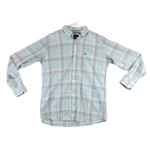 Tommy Hilfiger Mens Mint Green White‎ Grey Plaid Button Down Shirt Size 15 5/8